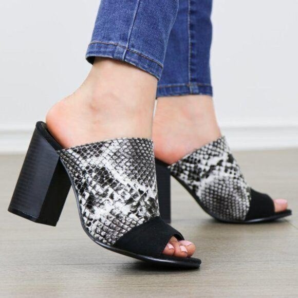 Snake Print Open Toe Slip on Chunky High Heel - Picture 1 of 8
